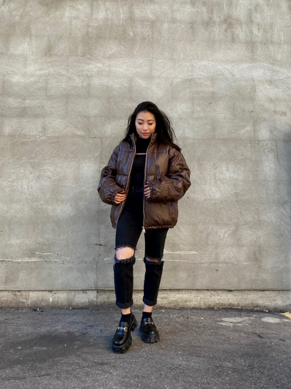 Oversized Brown Faux Leather Puffer Jacket